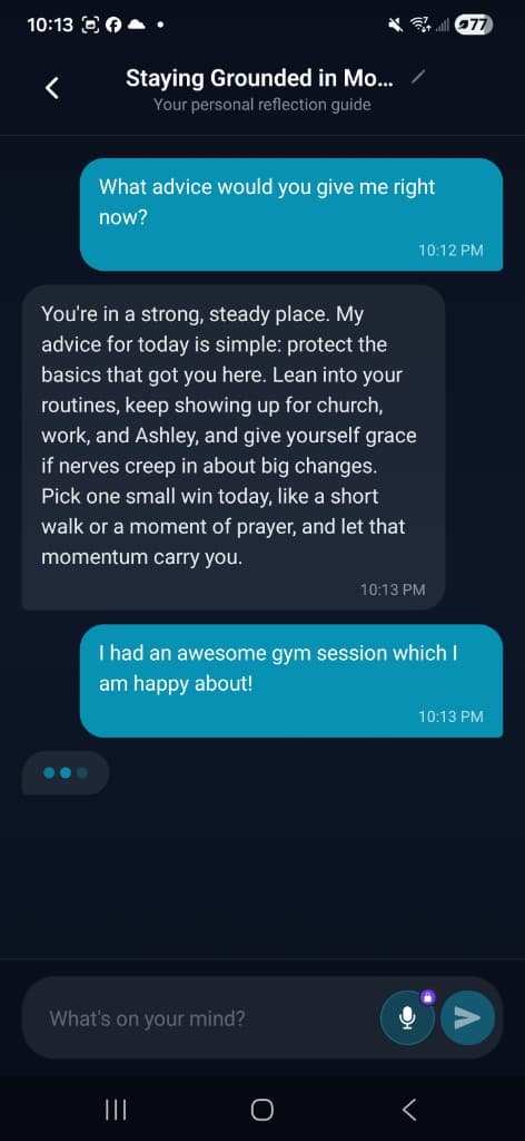Lifecycle reflect screen showing AI-guided journal conversations and recent chats.